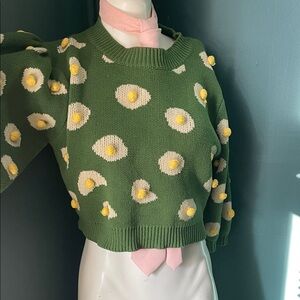 Green Knit Sweater with Yellow and White Pattern